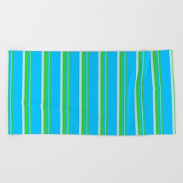 [ Thumbnail: Deep Sky Blue, Lime Green, and Powder Blue Colored Striped Pattern Beach Towel ]