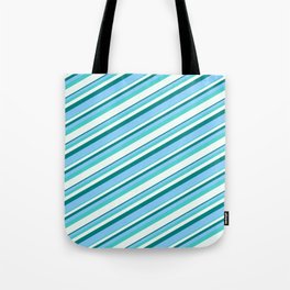 [ Thumbnail: Teal, Light Sky Blue, Turquoise & Mint Cream Colored Striped Pattern Tote Bag ]