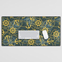 Marine anchor ship rudder and rope with wind rose compass and nautical map background seamless pattern Desk Mat