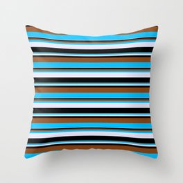 [ Thumbnail: Brown, Deep Sky Blue, Lavender, and Black Colored Pattern of Stripes Throw Pillow ]