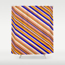 [ Thumbnail: Eyecatching Beige, Dark Salmon, Sienna, Orange, and Blue Colored Striped/Lined Pattern Shower Curtain ]