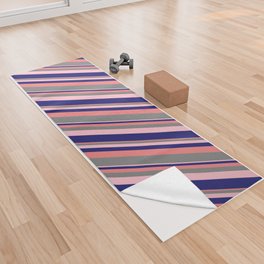 [ Thumbnail: Light Coral, Gray, Pink & Midnight Blue Colored Stripes Pattern Yoga Towel ]