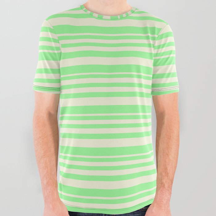Beige and Green Colored Lined/Striped Pattern All Over Graphic Tee