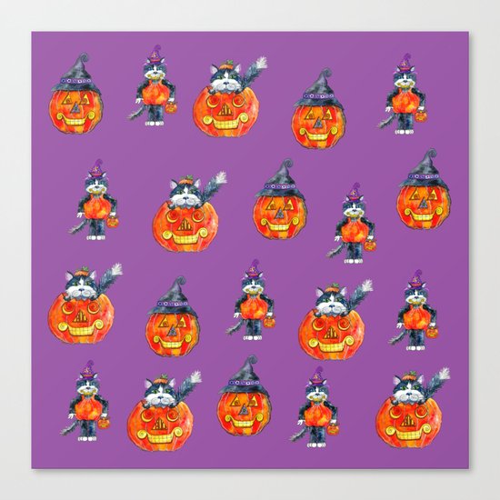 Black Cats and Jack-o-lanterns Canvas Print