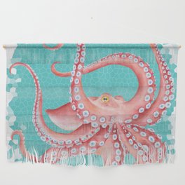 Red Octopus Teal Watercolor Stained Glass Wall Hanging