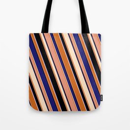 [ Thumbnail: Eyecatching Bisque, Chocolate, Dark Salmon, Black & Midnight Blue Colored Stripes/Lines Pattern Tote Bag ]