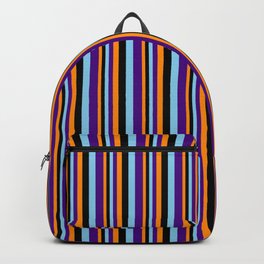 [ Thumbnail: Dark Orange, Black, Sky Blue, and Indigo Colored Striped Pattern Backpack ]