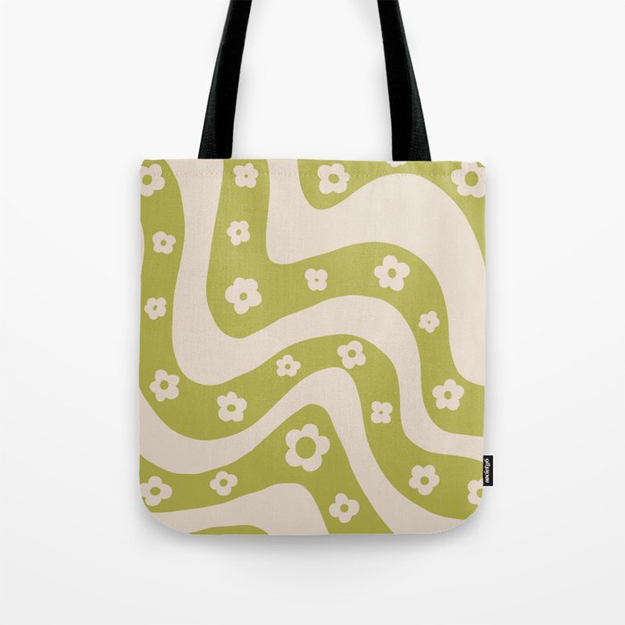 Green Swirl flowers 70s Retro Pattern Tote Bag