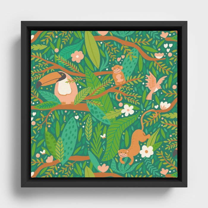 Joyful Jungle - Green Framed Canvas