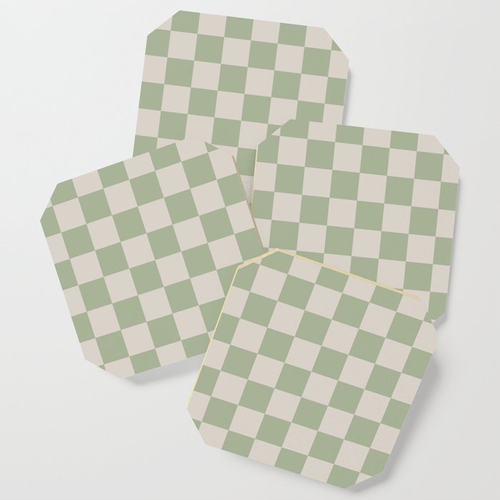 Checkerboard Check Checkered Pattern in Sage Green and Beige Coaster