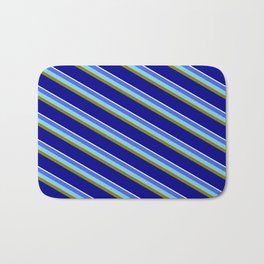 [ Thumbnail: Vibrant Royal Blue, Sky Blue, Green, Dark Blue, and White Colored Striped/Lined Pattern Bath Mat ]