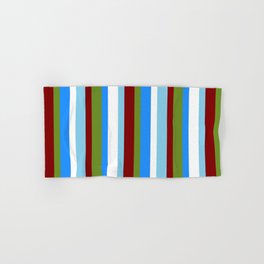 [ Thumbnail: Vibrant Green, Maroon, Sky Blue, White & Blue Colored Stripes Pattern Hand & Bath Towel ]