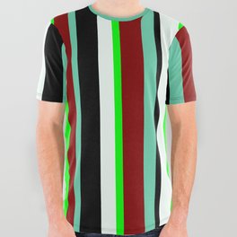 [ Thumbnail: Eyecatching Aquamarine, Maroon, Lime, Mint Cream & Black Colored Lined/Striped Pattern All Over Graphic Tee ]