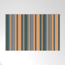[ Thumbnail: Grey, Dark Slate Gray & Brown Colored Lined/Striped Pattern Welcome Mat ]