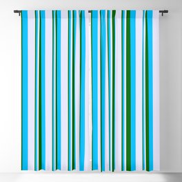 [ Thumbnail: Dark Green, Deep Sky Blue & Lavender Colored Lined/Striped Pattern Blackout Curtain ]
