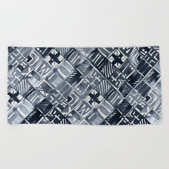 Simply Tribal Tiles in Indigo Blue on Lunar Gray Beach Towel