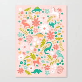 Dinosaurs + Unicorns in Pink + Teal Canvas Print