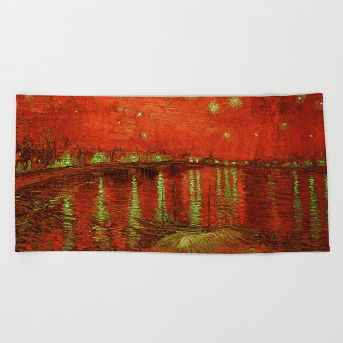 Starry Night Over the Rhone landscape painting by Vincent van Gogh in alternate tangerine orange with yellow gold stars Beach Towel