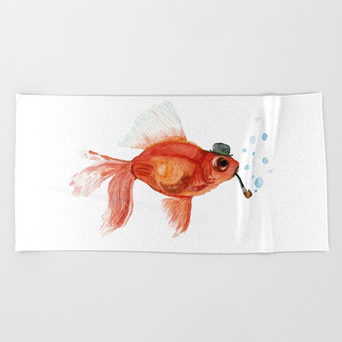 Goldfish with pipe and hat Beach Towel