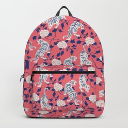 Tigers Coral Pink Blue Backpack | Chinese, Lunar, Botanical, Jungle, Graphicdesign, Tigers, Animal, Pattern, Flowers, Safari 