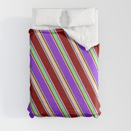 [ Thumbnail: Purple, Light Green, Dark Red & Tan Colored Stripes/Lines Pattern Comforter ]