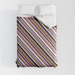[ Thumbnail: Eyecatching Plum, Grey, Brown, White & Black Colored Striped/Lined Pattern Comforter ]