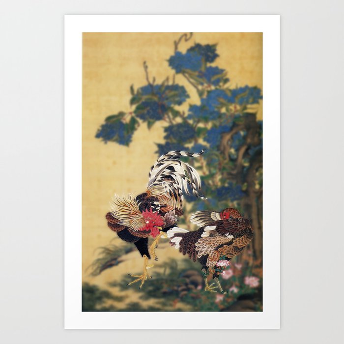 Rooster and Hen with Hydrangeas. Art Print
