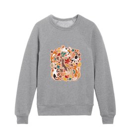 Autumn joy // flesh coral background cats dancing with many leaves in fall colors Kids Crewneck