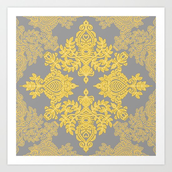 Golden Folk - doodle pattern in yellow & grey Art Print