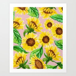 Sunny, Floral Sunflowers Painting, Summer Meadow Botanical, Vintage Blush Nature Bohemian Garden Art Print