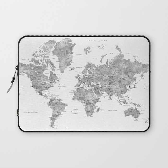 Grayscale watercolor world map with cities Laptop Sleeve