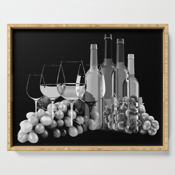 Black and White Graphic Art Composition Of Grapes, Wine Glasses, and Bottles Serving Tray