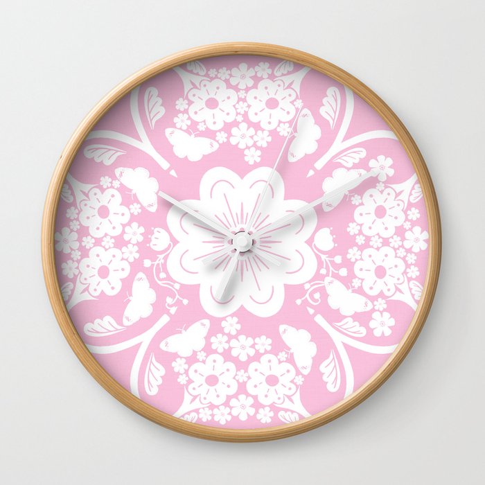 Pink Retro Modern Butterflies And Flowers Bandana Silhouette Pretty Cottagecore Cottage Pattern Wall Clock