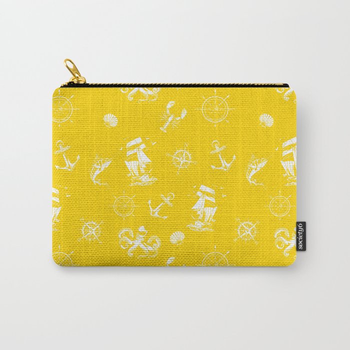 Yellow And White Silhouettes Of Vintage Nautical Pattern Carry-All Pouch