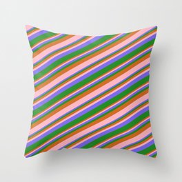 [ Thumbnail: Chocolate, Light Pink, Medium Slate Blue, and Forest Green Colored Stripes/Lines Pattern Throw Pillow ]