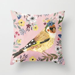 Goldfinch bird with floral crown Throw Pillow