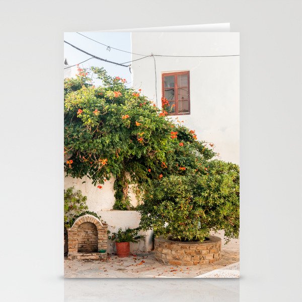 Greek Square Filled with Nature | Mediterranean Town in the Sun | Botanical Travel Photography Stationery Cards