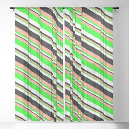 [ Thumbnail: Light Salmon, Lime, Mint Cream & Black Colored Striped/Lined Pattern Sheer Curtain ]