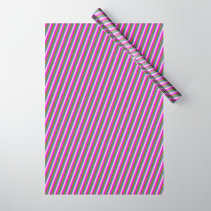 Blue, Light Pink, Fuchsia & Green Colored Pattern of Stripes Wrapping Paper