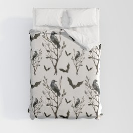 Happy Halloween pattern with hollow trees, ravens and bats Duvet Cover