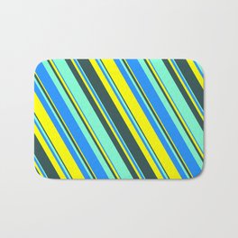 [ Thumbnail: Blue, Yellow, Dark Slate Gray, and Aquamarine Colored Lines Pattern Bath Mat ]