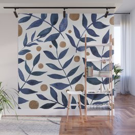 Watercolor berries and branches - indigo and beige Wall Mural