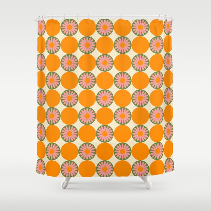 Flower Circle Checkerboard in Orange Shower Curtain