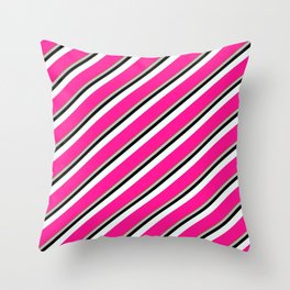 [ Thumbnail: Vibrant Green, Grey, Black, Mint Cream, and Deep Pink Colored Stripes Pattern Throw Pillow ]