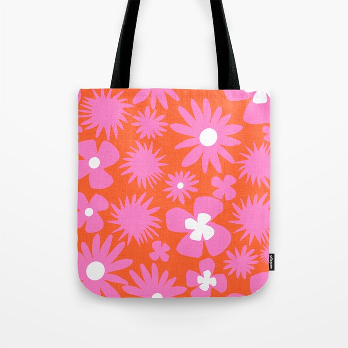 Hot Pink On Retro Red Wild Flowers Tote Bag