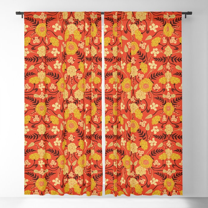 Vibrant Orange, Yellow & Brown Floral Pattern w/ Retro Colors Blackout Curtain