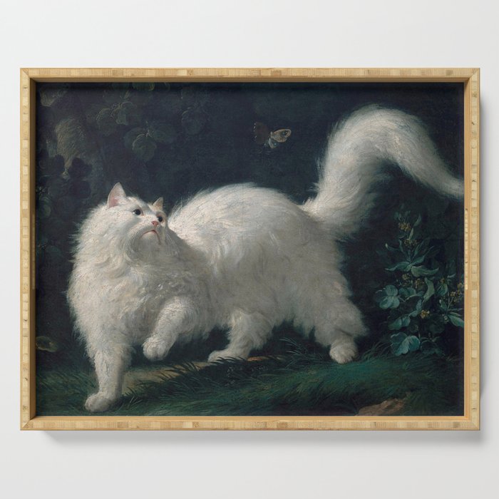 White Angora Cat Chasing Butterfly Serving Tray