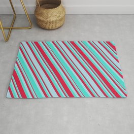 [ Thumbnail: Turquoise, Crimson, and Light Blue Colored Lined Pattern Rug ]