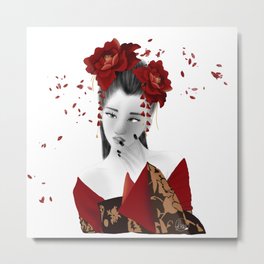 Geisha with red flowers Metal Print