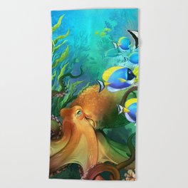 Octopus and Blue Tang (tropical coral reef) ~! Beach Towel